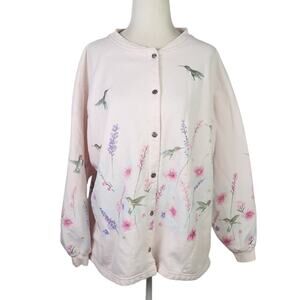 Vintage 90s light pink hummingbird and flower sweatshirt jacket XL